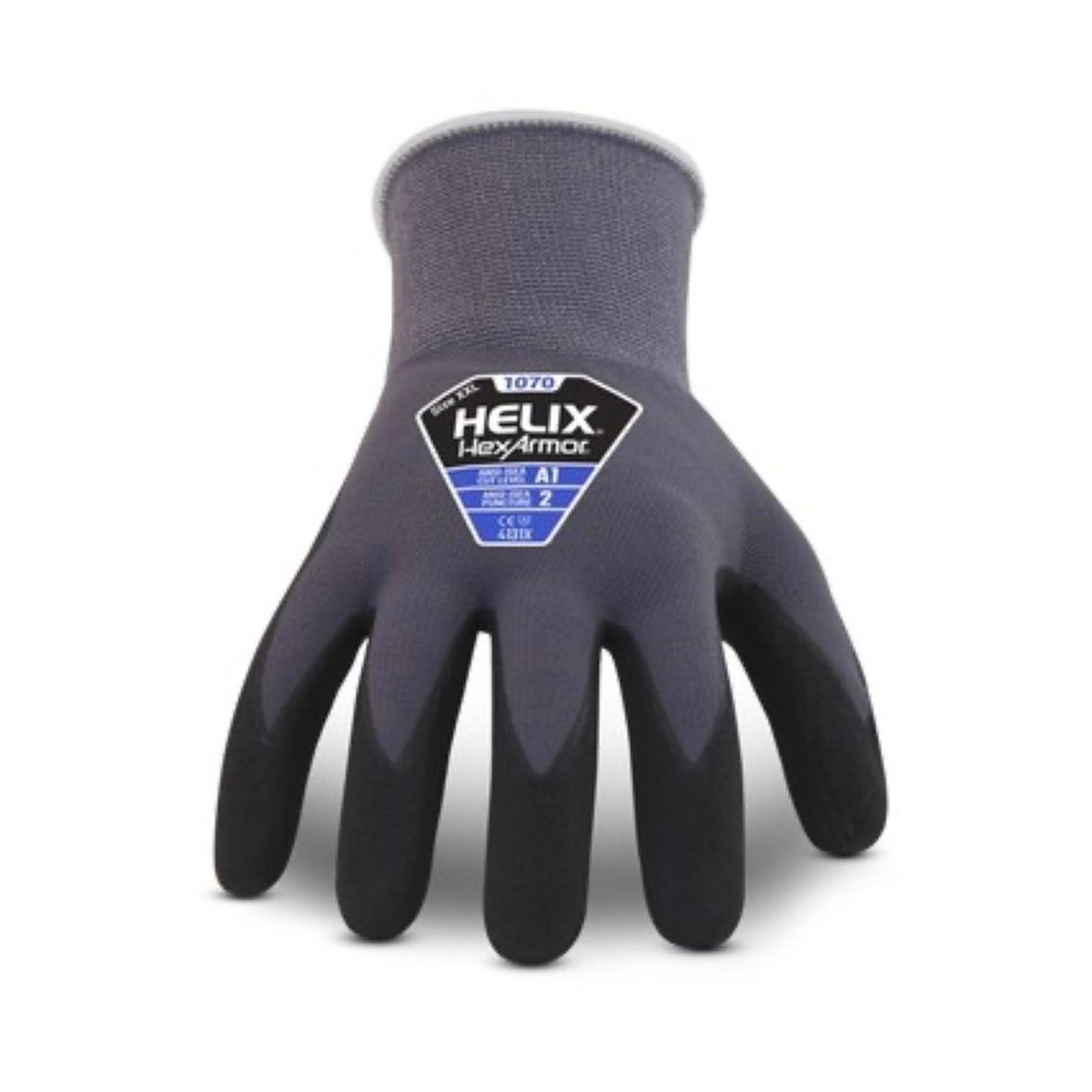 HexArmor Helix 1070 Nitrile Work Gloves Gray Black 10/XL ANSI A1 Cut Level 2